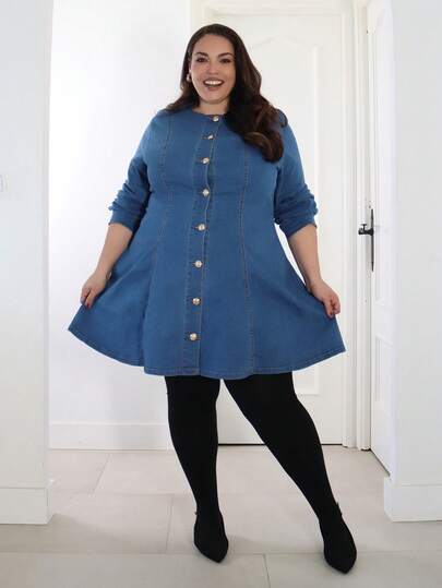 Pretty and Ole 大码秋季秋冬万圣节圣诞节新年感恩节通勤度假 Y2K 可爱街头装生日装机场装派对婚礼优雅商务休闲女士老款工作服休闲水洗前扣迷你牛仔蓝色连衣裙时尚女士牛仔迷你连衣裙，配有金色纽扣和长袖，非常适合日常风格