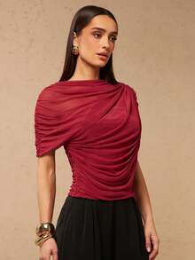 Silquee 女士不对称荷叶边领无袖上衣，春夏款 - 酒紅色 - 查看 6