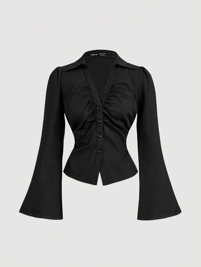 SHEIN MOD Plus Size Women V-Collar Ruffle Flared Sleeve Blouse, Waist Cinched, Black Long Sleeve Shirt, Witchy ,Button Down Blouse, Concert Women, Airport Women