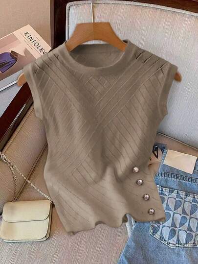 GlowEve Solid Color Round Neck Button Decor Elegant Fashionable Knit Top
