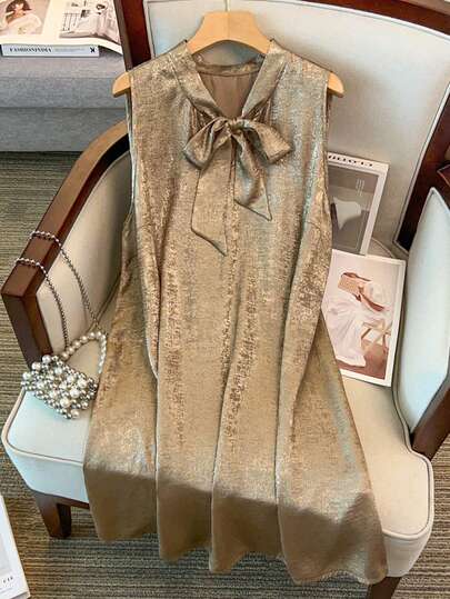 GlowEve CURVE Plus Size Elegant Metallic Bow Tie Neck Dress, Slimming Straight Cut Design, Suitable For Daily Commute, Formal Occasions, Outings, Parties And Vacations