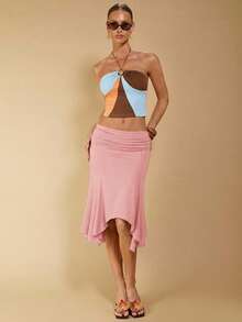 COSMINA Falda marrón elegante y asimétrica con drapeado, adecuada para primavera y verano - Rosa - Ver 4