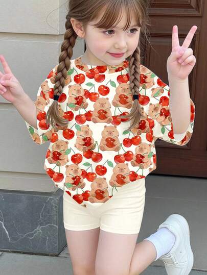 SHEIN Baby Girl Summer Casual Vacation & Daily Wear Cute Cartoon Capybara & Cherry Full Print Loose Fit T-Shirt And Shorts Set