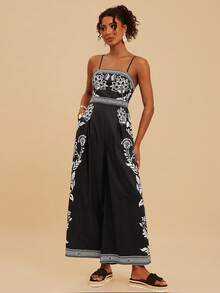 Travachic Floral Print Wide Leg Jumpsuit, Casual Vacation - Black - View 5