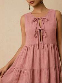 Travachic Plus Size Casual Versatile Black Cotton Front Tie Bow Sleeveless Short Dress - Pink - View 6