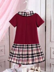 1pc Young Girl's Pleated Dress,Burgundy Summer Princess Plaid Patchwork Outfit With 3D Bow,7th Birthday Back-To-School Short Sleeve Casual Clothes - Burgundy - View 2