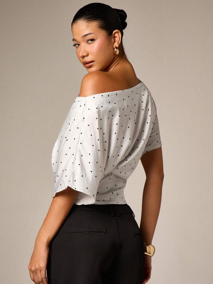 Polka Dot Off Shoulder Cinched Tee
