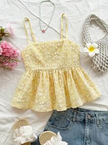 SHEIN Tween Girl Casual Vacation Woven Floral Textured Camisole Top With Ruffle Trim, Light Yellow - Yellow - View 4