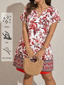 Comfylo 大码女式复古印花V领蝙蝠袖休闲连衣裙度假装女式夏季服装女式办公室着装 - 紅白色 - 查看 1