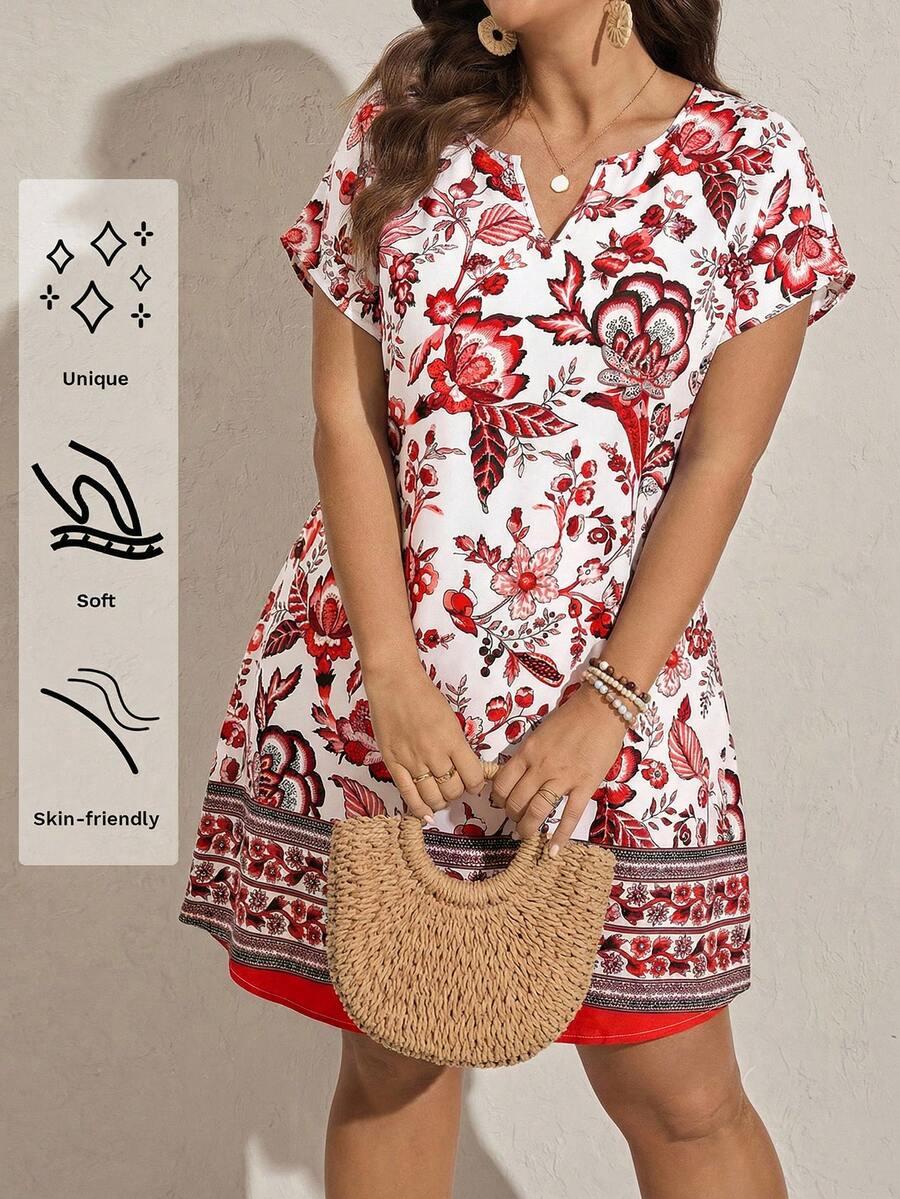 Comfylo 大码女式复古印花V领蝙蝠袖休闲连衣裙度假装女式夏季服装女式办公室着装 - 紅白色 - 查看 1