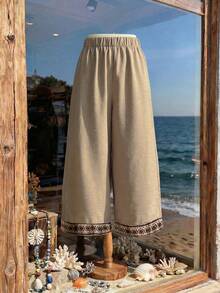 Rusticease Plus Size Geometric Pattern Casual Wide Leg Pants\Summer\Vacation Summer Outfits Summer Clothes  Spring  Spring Outfit Women Spring Clothes Country Style For Women Seaside Retro Mannequin Window Display - Khaki - View 5