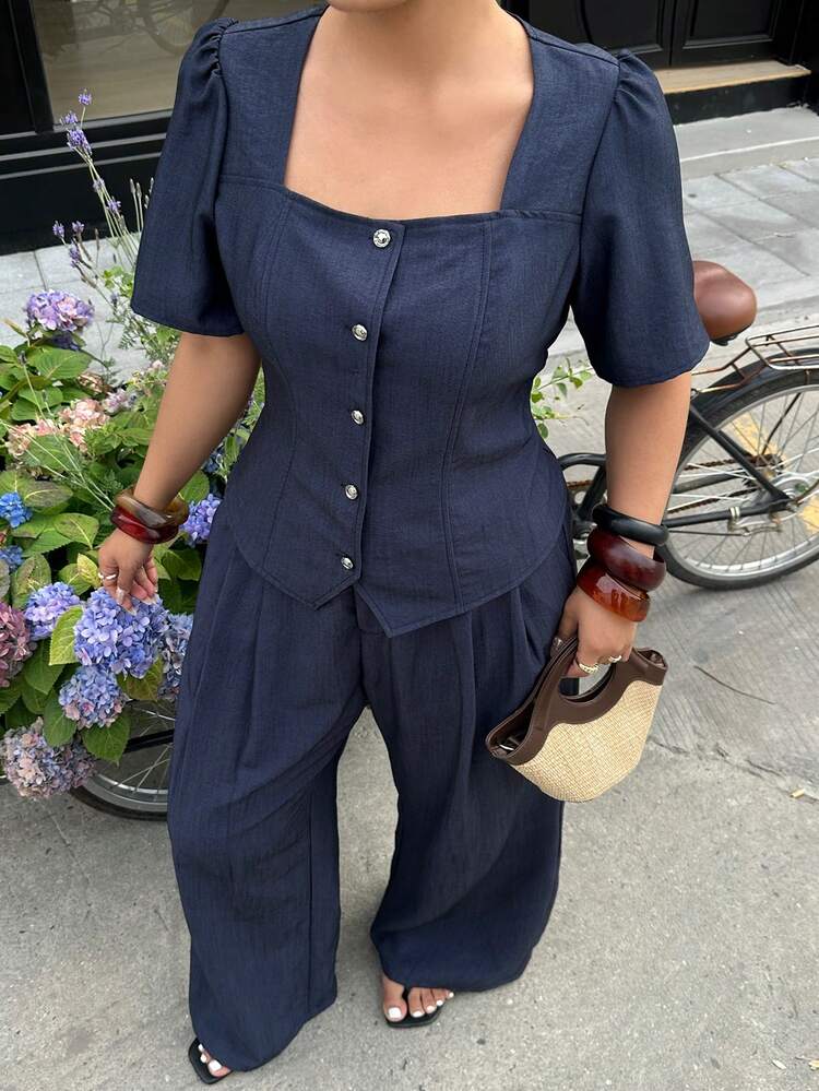 Dazy Plus Plus Size Women's Casual, Office, Commute Simple Solid Color Square Collar Puff Sleeve Fitted Shirt And Pleated Wide Leg Loose Pants 2-Piece Set, Spring/Summer/Autumn