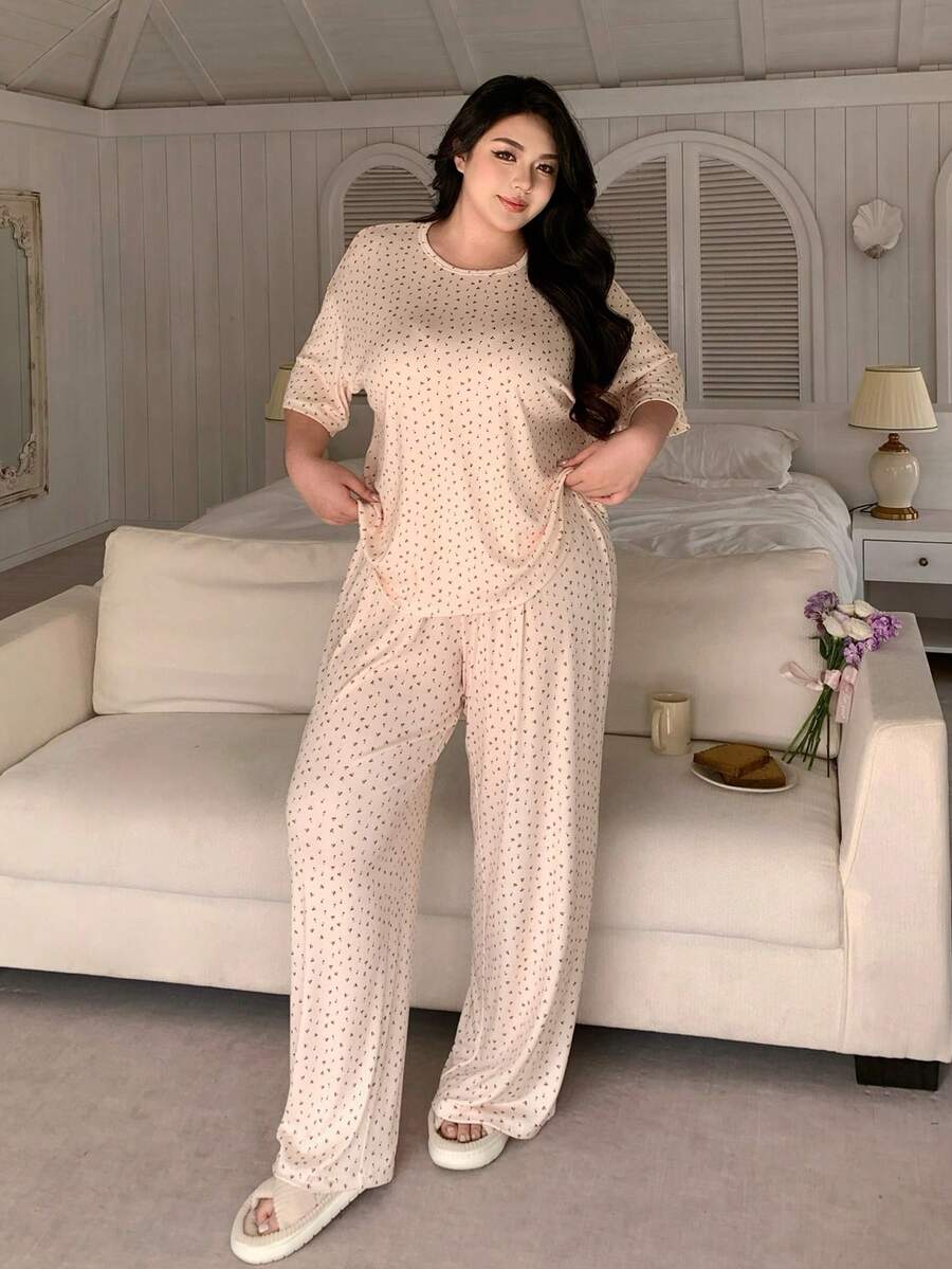 Dazy Plus Plus Size Comfortable Cherry Print Short Sleeve Top And Pants Pajama Set, Summer - White - View 1