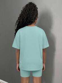 SHEIN 2 件套青少年女孩休闲时尚宽松 T 恤和紧身骑行短裤，两件套日常穿着 - 薄荷綠 - 查看 2