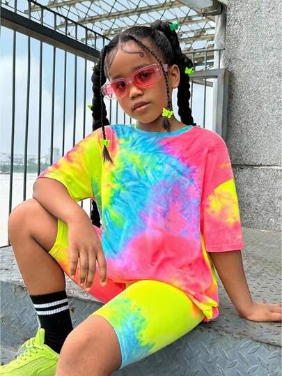 SHEIN 青少年女孩春夏假期休閒織物染色圓領短袖T恤和短褲套裝