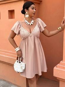 SHEIN LUNE Plus Size Women's Casual Vacation & Daily Wear Lace Decor Waist Fit & Flare Ruffle Sleeve Short Dress, Spring/Summer - Dusty Pink - View 5