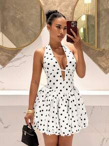 Slaydiva New Spring/Summer Elegant Sexy Polka Dot A-Line Flounce Hem Mini Dress, Suitable For Party, Birthday, Bar, Nightclub, Valentine's Day, Halloween, Christmas, Wedding, Date, Vacation, Cocktail ,Summer Dress - Black and White - View 2