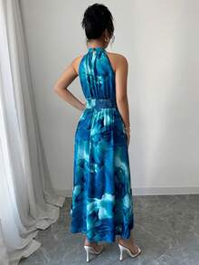 Modelyn 女士蓝色扎染印花无袖吊带腰部系带A字连衣裙 - 綠色 - 查看 2