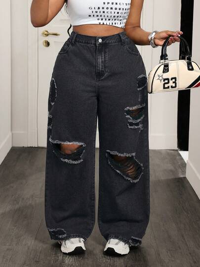 Slaydiva Plus Size Casual Everyday Distressed Slant Pocket Loose Straight Leg Jeans