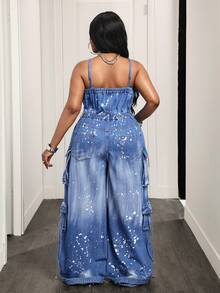Slaydiva Bộ jumpsuit denim dáng rộng, dây mảnh, túi nắp gập, thời trang đường phố, cỡ lớn dành cho mùa hè. - Màu xanh lam - Xem 2