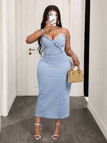 Slaydiva Đầm denim cỡ lớn thời trang mùa hè, gấu quần rách, đính cúc, dây đeo vai - Màu xanh lam - Xem 6