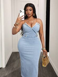 Slaydiva Đầm denim cỡ lớn thời trang mùa hè, gấu quần rách, đính cúc, dây đeo vai - Màu xanh lam - Xem 7