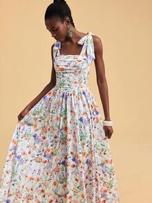 Travachic 女士碎花简约休闲无袖连衣裙，春夏穿搭，节日礼服，优雅派对礼服，海滩度假装，婚礼宾客礼服，正式毕业礼服，碎花连衣裙，女士职业装，节日礼服，复活节礼服，沙滩连衣裙，女士碎花连衣裙 - 藍色 - 查看 4