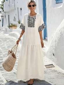 SHEIN Holidaya Elegant Black And White Checkered Round Neck Tie-Neck Apricot Printed Long Dress For Women,Summer Boho Vacation Holiday Beach Woven Fabric Abaya - Apricot - View 4