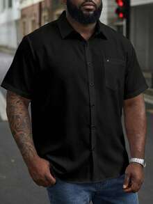 Manfinity Homme Plus Size Men Solid Color Pocket Single-Breasted Short Sleeve Casual Shirt - Black - View 1
