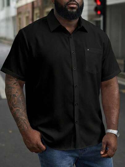 ResortEase 大码男式纯色口袋单排扣短袖休闲衬衫