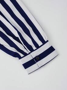 SHEIN Clasi 大码优雅通勤印花长袖衬衫和纯色长裤两件套 - 寶藍色 - 查看 4