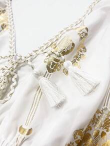 SHEIN Holidaya New Fashion Versatile Casual Drawstring Foil Print French Style Vacation Dress For Women Women Vacation Dress Boho Summer Dress Women Mediterranean Style Clothes Greece Vacation Outfits Women Italy Summer Dress - White - View 8