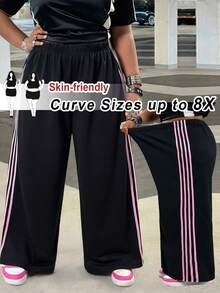 SHEIN CURVE+ Quần nỉ nữ ống rộng màu đen dệt kim kiểu dáng thường ngày - màu đen - Xem 9