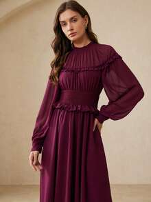 Revavyn Vintage Romantic Frill Waist Cinched Chiffon Long Sleeve Dress For Women - Purple - View 5