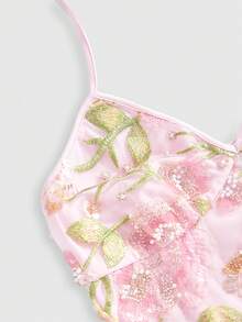 ROMWE Fairycore 女士花卉刺绣图案仿珍珠装饰系领休闲百搭日常上衣 - 粉色 - 查看 4