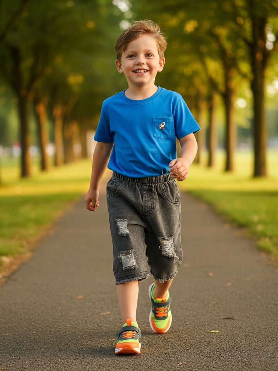 1 pieza Pantalones cortos vaqueros azules desgastados versátiles y casuales para niño - Negro - Ver 1