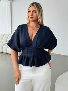 Auralis Áo kiểu nữ cỡ lớn cổ chữ V sâu xếp ly, áo sơ mi tay ngắn kiểu denim dáng rộng thích hợp mặc công sở, lưng thun co giãn, vạt áo xếp ly rộng rãi - Màu xanh hải quân - Xem 7