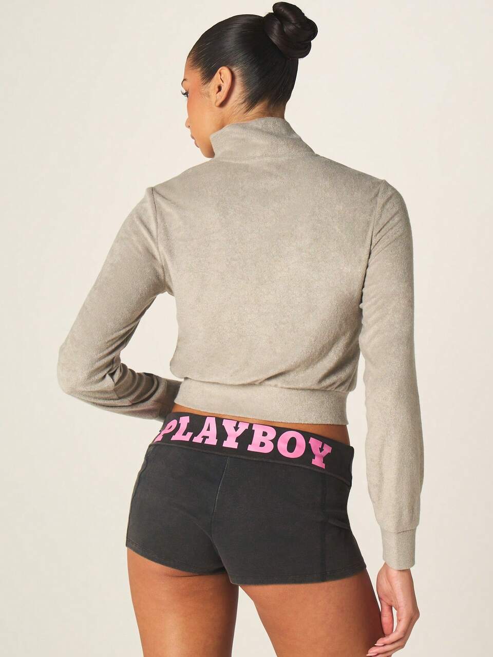 Missguided x Playboy Crop Fit Zip Up Towelling Jacket With Front Centre Pock