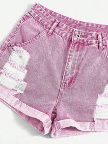 SHEIN Essnce 夏季休闲水洗做旧牛仔短裤 - 粉色 - 查看 4
