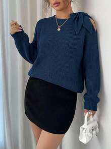 Casual Solid Color Shoulder Tie Raglan Sleeve Loose Knit Sweater, Autumn/Winter - Dusty Blue - View 5