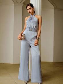 ZEYLAH Women's Satin Ruched Halter Belted Wide Leg Jumpsuit - Blue - View 5