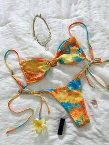 Swim Mod Women's Random Print Metal Decor Spaghetti Strap Bikini Set, Spring/Summer - Multicolor - View 3