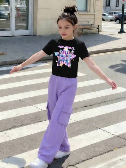 2件套少女韩流休闲运动圆领短袖上衣和工装裤套装，适合夏季穿着