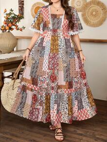 Lacomfia Women's Elegant Minimalist Fashion Bohemian Style Vintage Resort Floral Ruffle Sleeve Dress Patchwork Dress Bohemian Dress For Women Women Summer Dress Cottagecore Dress - Multicolor - View 3