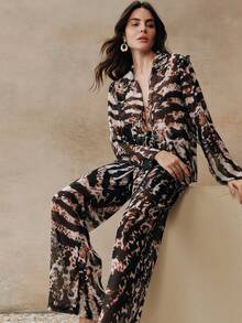 Anewsta Spring & Summer Beach Outfit, Leopard, Zebra, Animal Print Tie-Up Casual Holiday Vacation Elegant 2-Piece Set - Brown - View 2