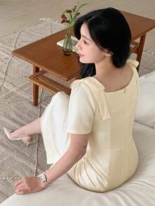 DAZY Women's Square Neck Bow Tie Waist Double Layer Mid-Length Dress - Apricot - View 5