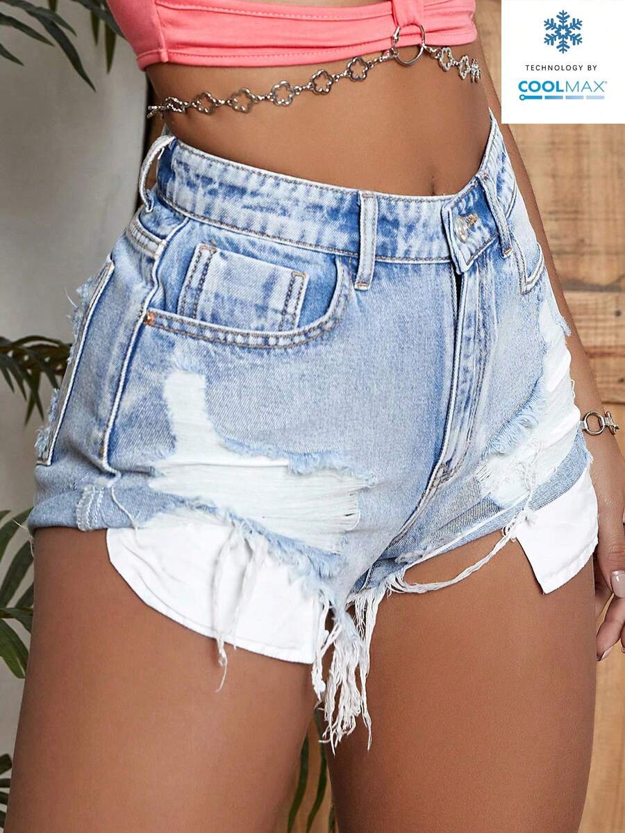 Rivivi Quần short denim siêu ngắn mùa hè dành cho nữ, kiểu dáng thường ngày, thời trang đường phố, rách tua rua. - Rửa nhẹ - Xem 1