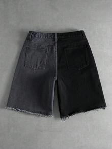 ROMWE MEN Street Life Spring/Summer Casual Graphic Men'S Contrast Color Rhinestone Pocket Fashionable Versatile Casual Commuting Denim Shorts - Black - View 2