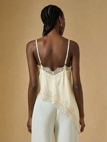 Briarwyn 女士纯色吊带蕾丝边不对称下摆宽松衬衫 - 杏色 - 查看 2