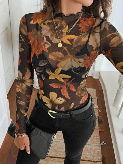 SHEIN Clasi Women's Mandarin Collar Floral Print Fitted Casual Long Sleeve Top